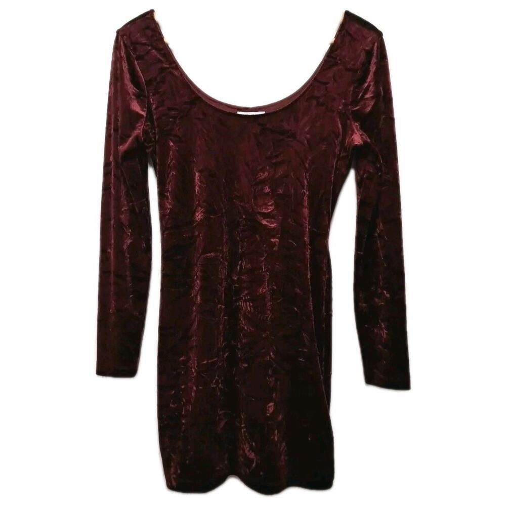Candies Long Sleeve Mini Dress Womens M Burgundy Crushed Velvet Bodycon Party